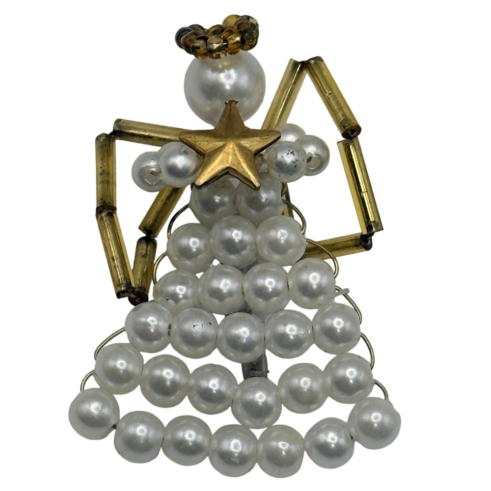 Vintage Handmade Pearl Angel Brooch Gold Tone Christmas Holiday Pin Faux Pearl